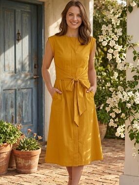 Hobbs London Cap Sleeve Tie-Front Waist Chic Midi Dress, Mustard Yellow, Size 4